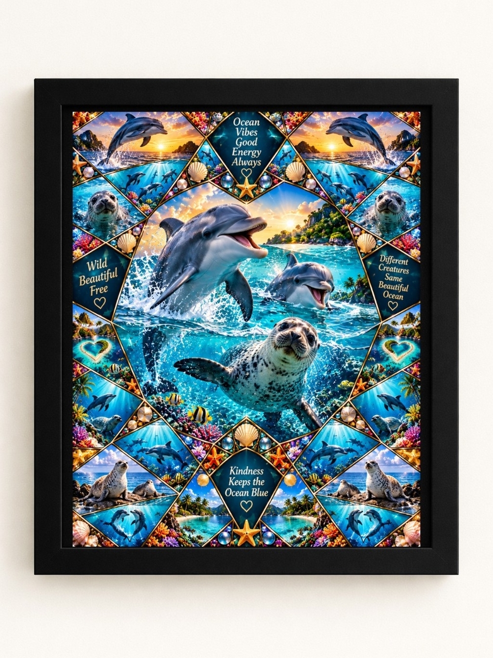 Ocean Dolphins & Seal 8x10 Framed A.I. Art Print